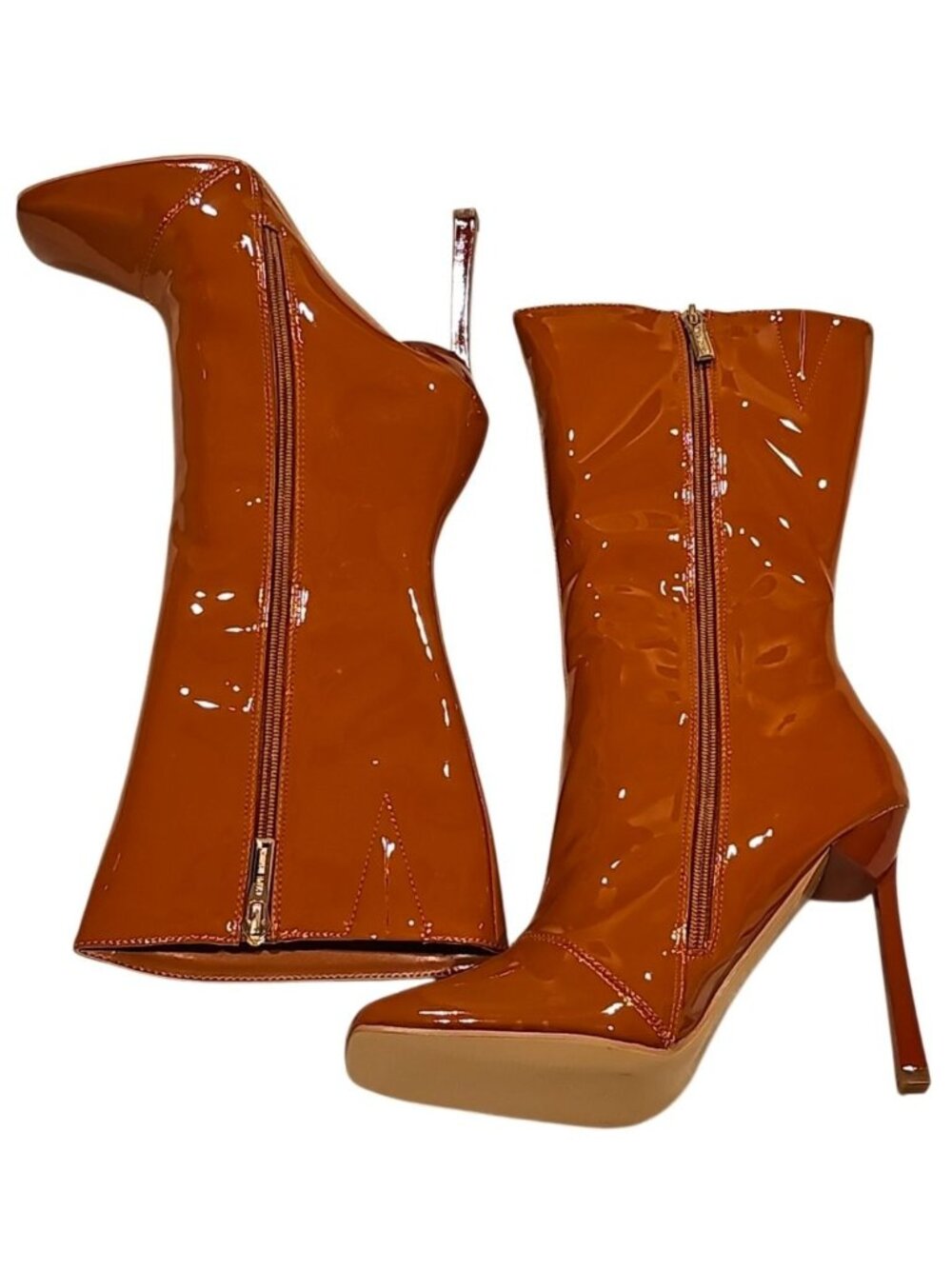Tan Patent Leather Pointed Toe High Heel Boots With Side Zippers Mid-Calf Length